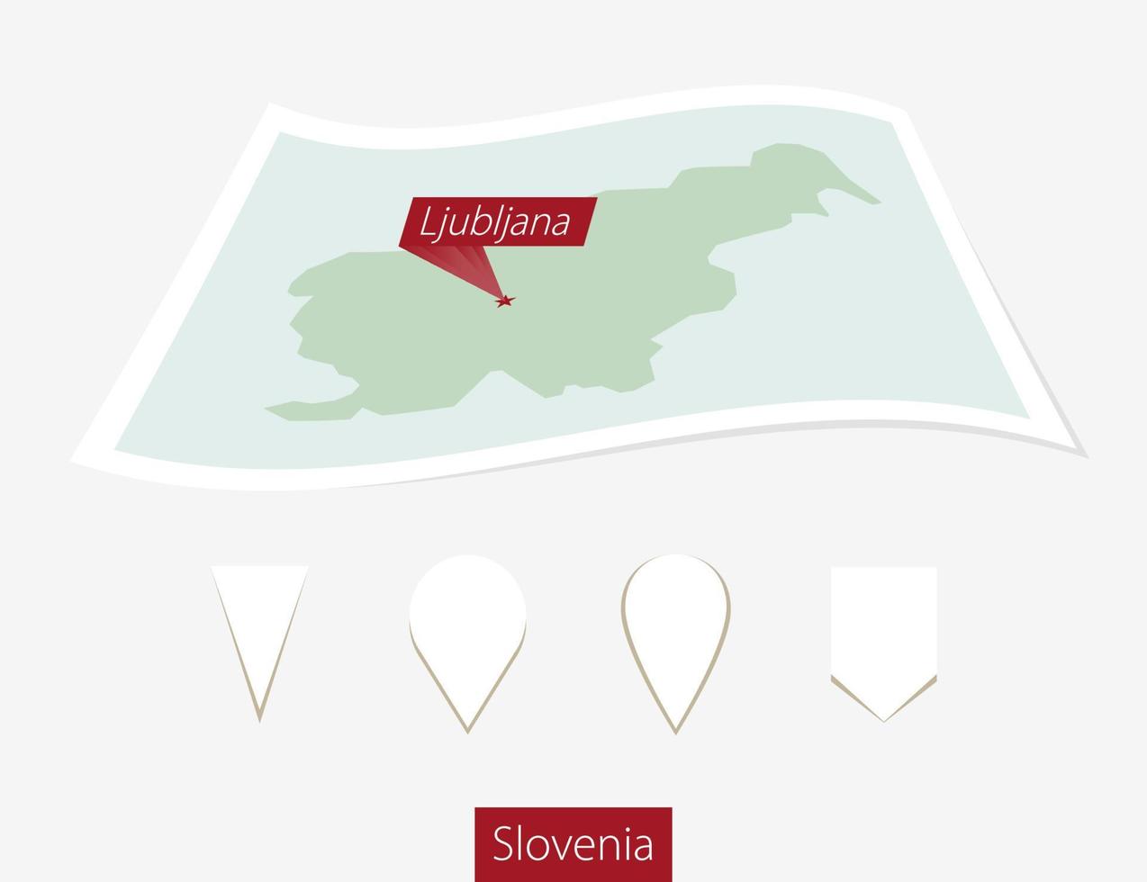 Curved paper map of Slovenia with capital Ljubljana on Gray Background. Four different Map pin set. vector