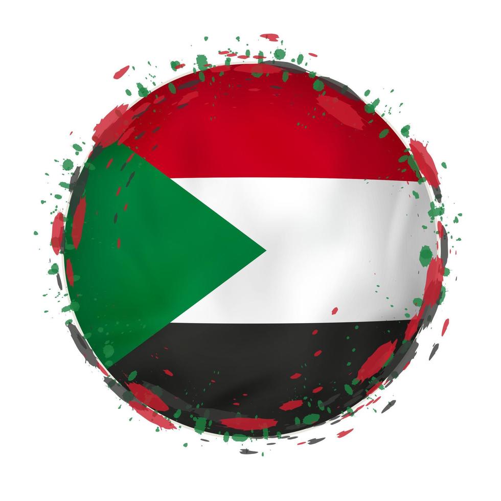Round grunge flag of Sudan with splashes in flag color. vector