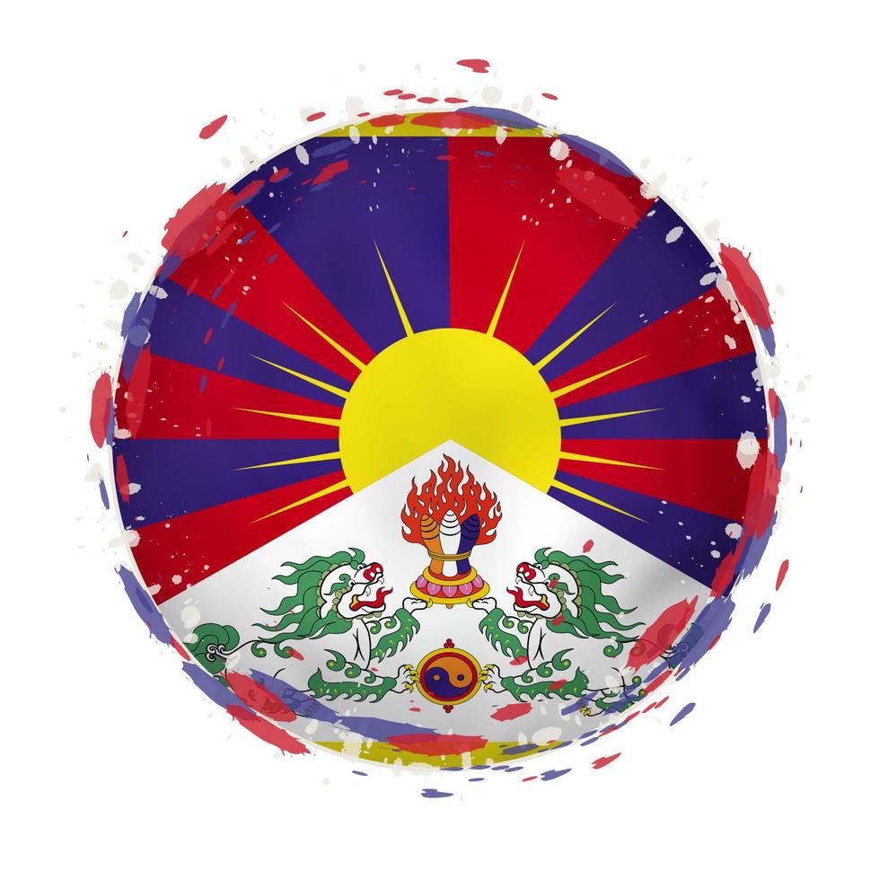 Round grunge flag of Tibet with splashes in flag color. vector