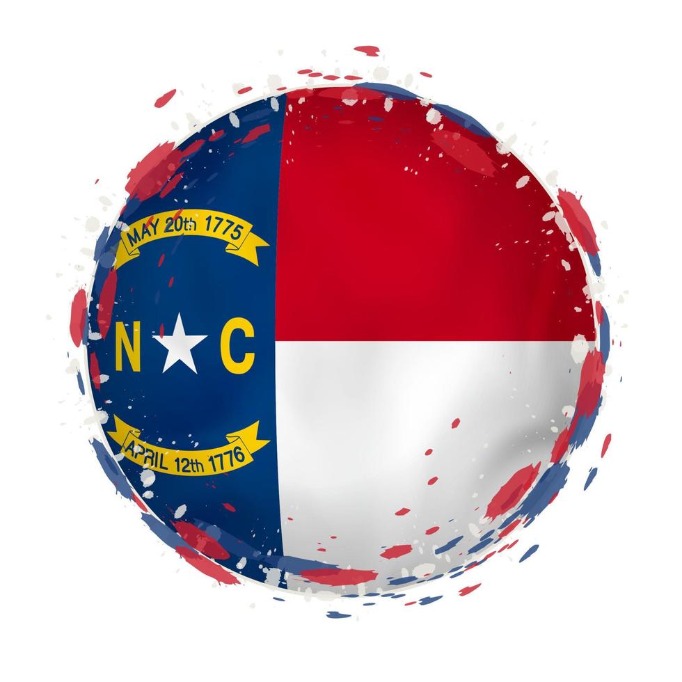 Round grunge flag of North Carolina US state with splashes in flag color. vector