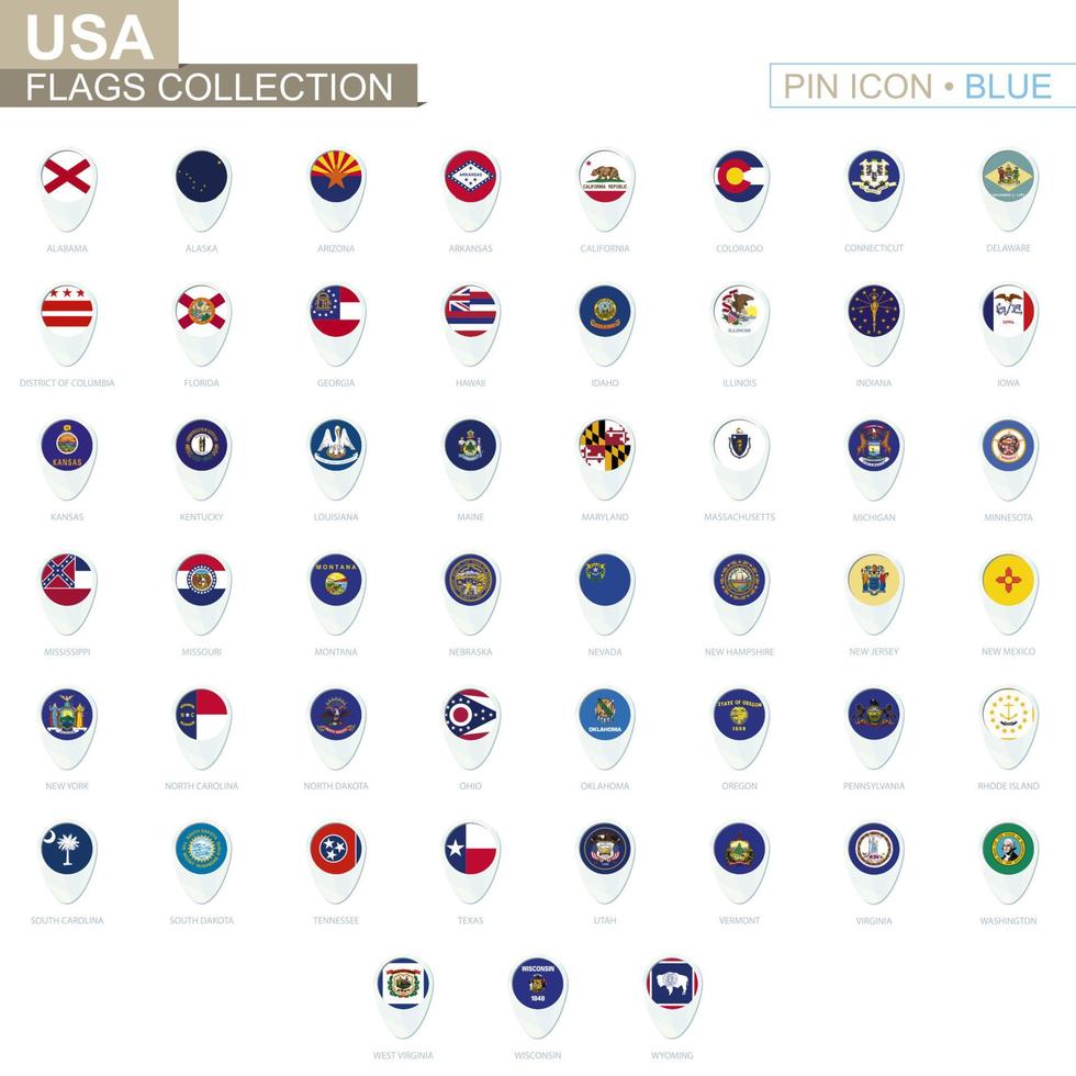 USA State flags collection. Big set of blue pin icon with flags. vector