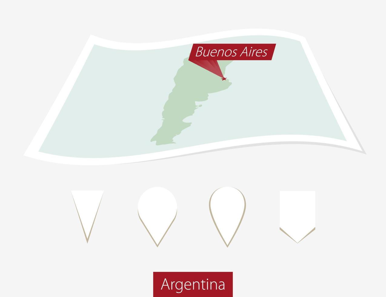 Curved paper map of Argentina with capital Buenos Aires on Gray Background. Four different Map pin set. vector
