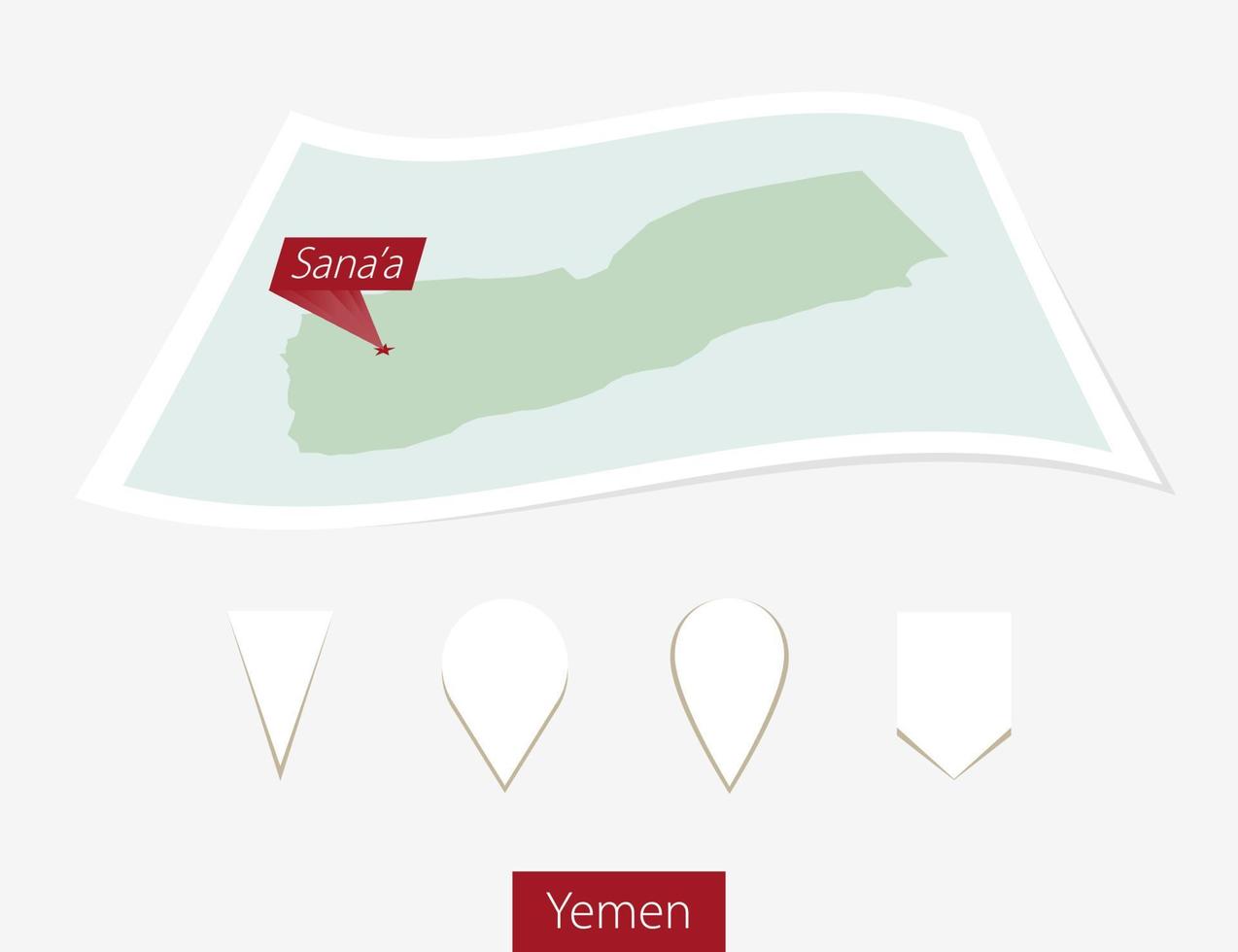 Curved paper map of Yemen with capital Sana'a on Gray Background. Four different Map pin set. vector