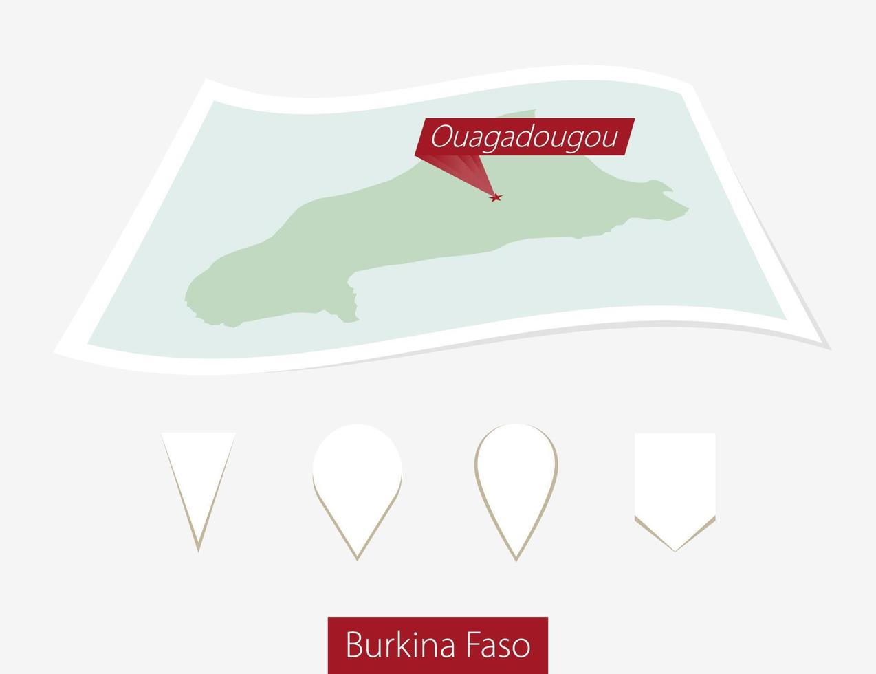 Curved paper map of Burkina Faso with capital Ouagadougou on Gray Background. Four different Map pin set. vector
