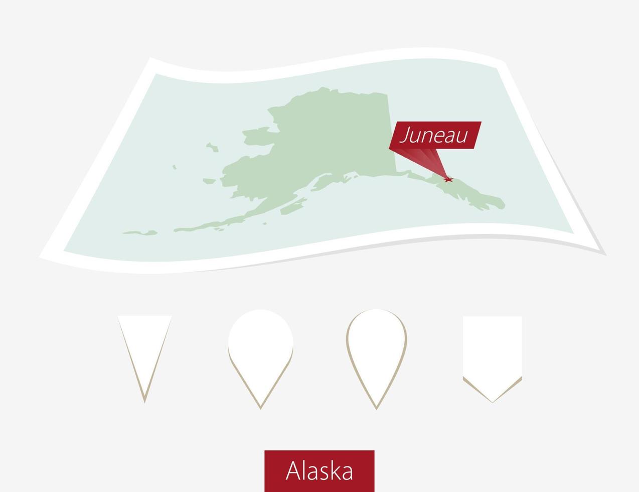Curved paper map of Alaska state with capital Juneau on Gray Background. Four different Map pin set. vector
