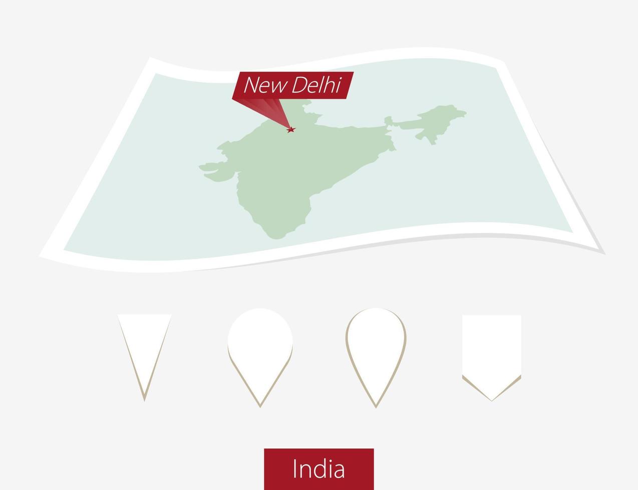 Curved paper map of India with capital New Delhi on Gray Background. Four different Map pin set. vector