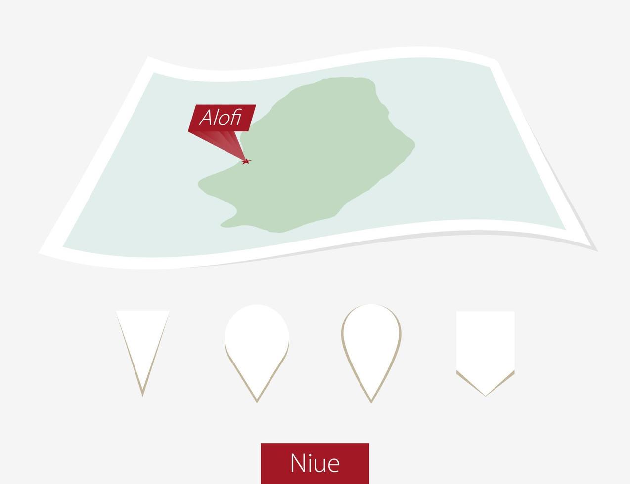 Curved paper map of Niue with capital Alofi on Gray Background. Four different Map pin set. vector