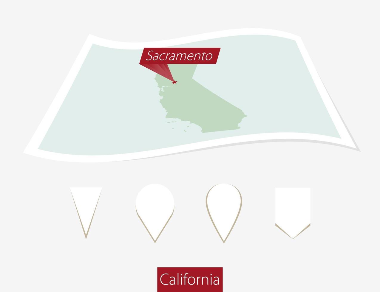 Curved paper map of California state with capital Sacramento on Gray Background. Four different Map pin set. vector