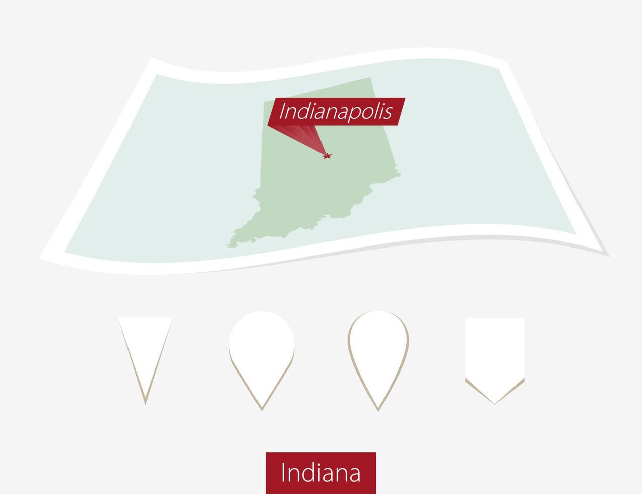 Curved paper map of Indiana state with capital Indianapolis on Gray Background. Four different Map pin set. vector