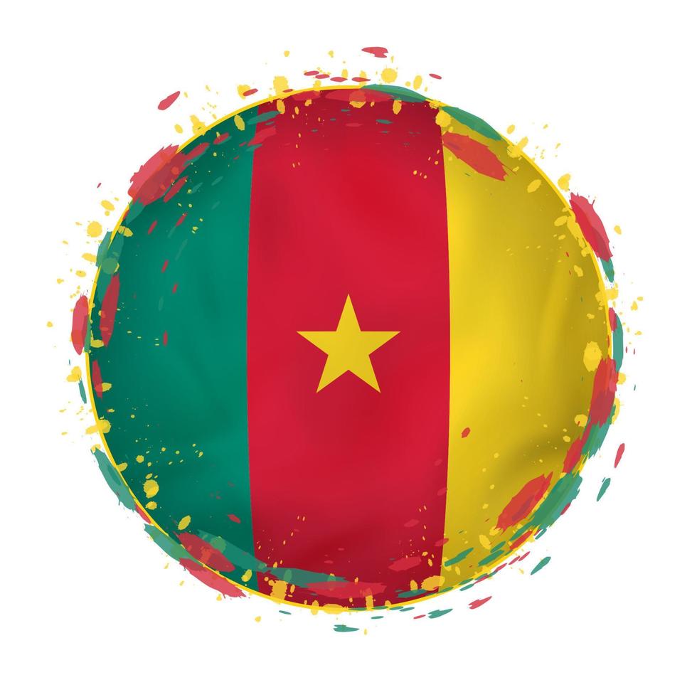 Round grunge flag of Cameroon with splashes in flag color. vector