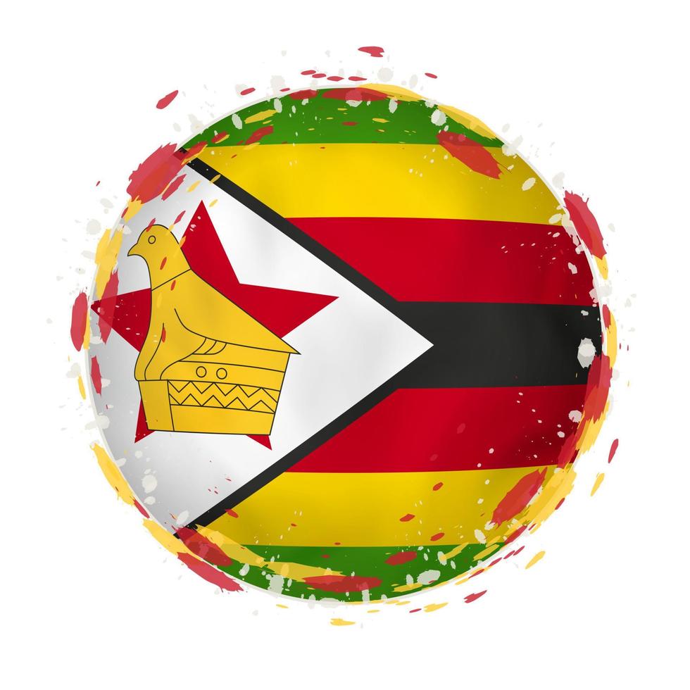 Round grunge flag of Zimbabwe with splashes in flag color. vector