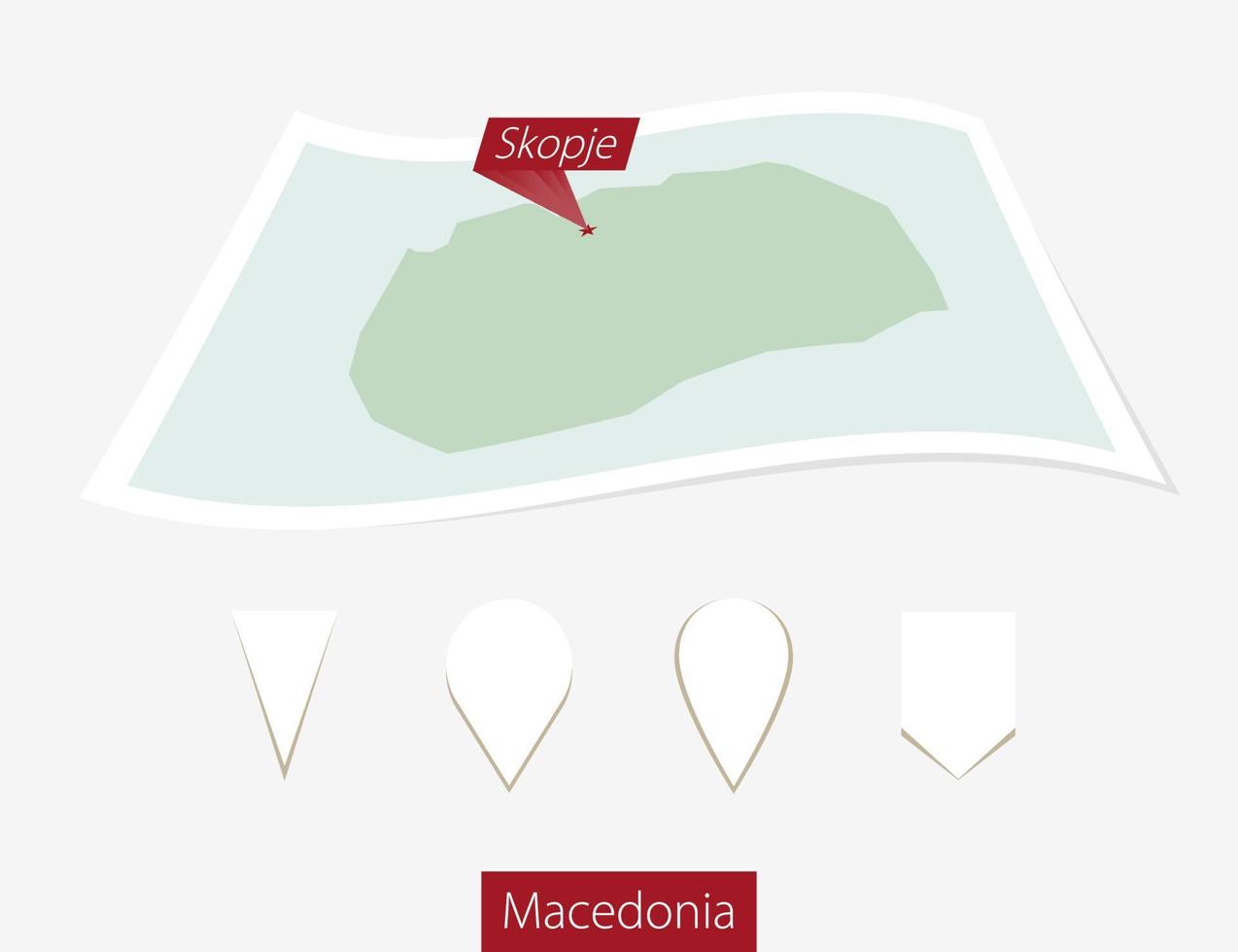 curvo papel mapa de macedonia con capital Skopje en gris antecedentes. cuatro diferente mapa alfiler colocar. vector