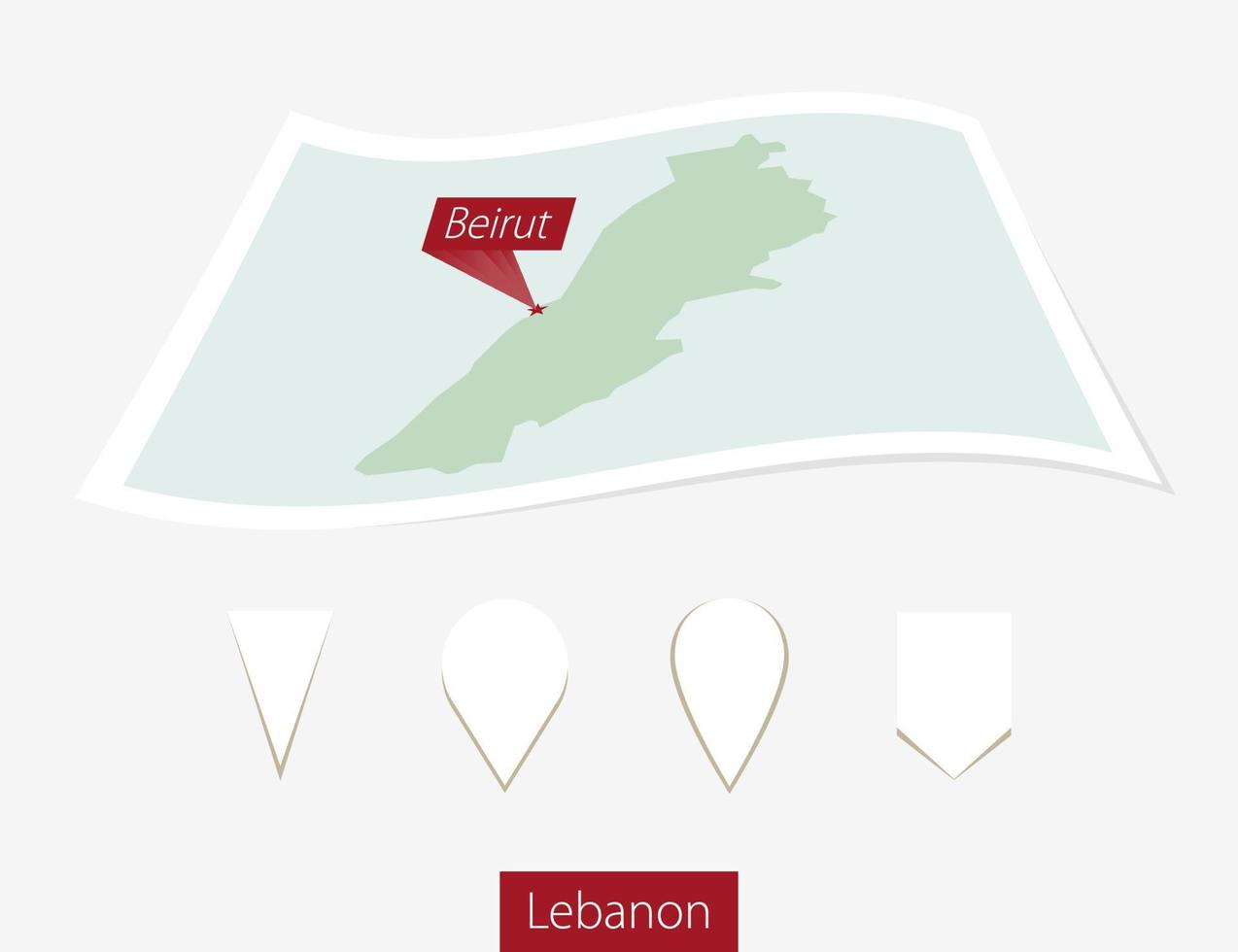 Curved paper map of Lebanon with capital Beirut on Gray Background. Four different Map pin set. vector