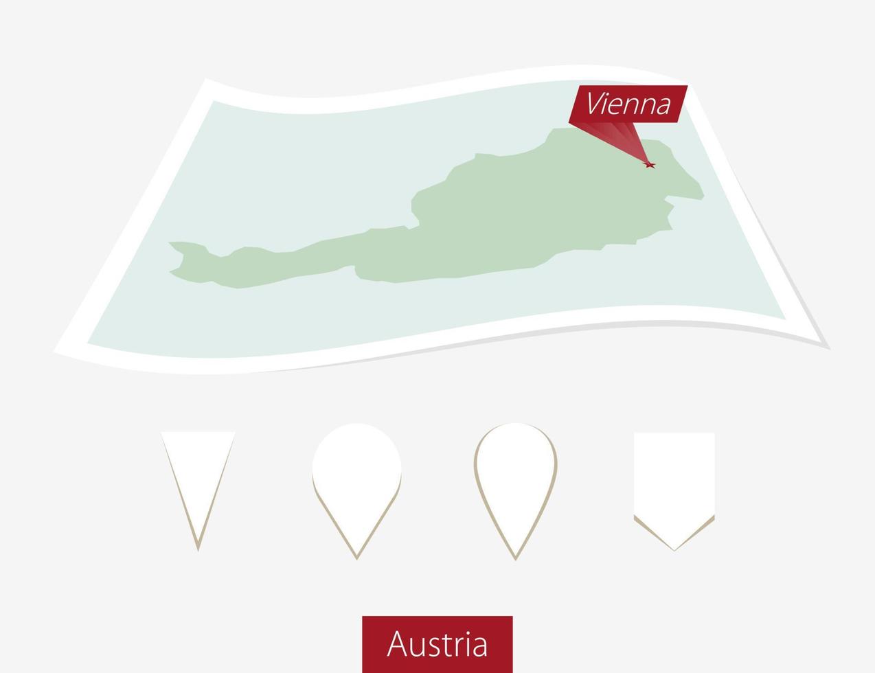 Curved paper map of Austria with capital Vienna on Gray Background. Four different Map pin set. vector