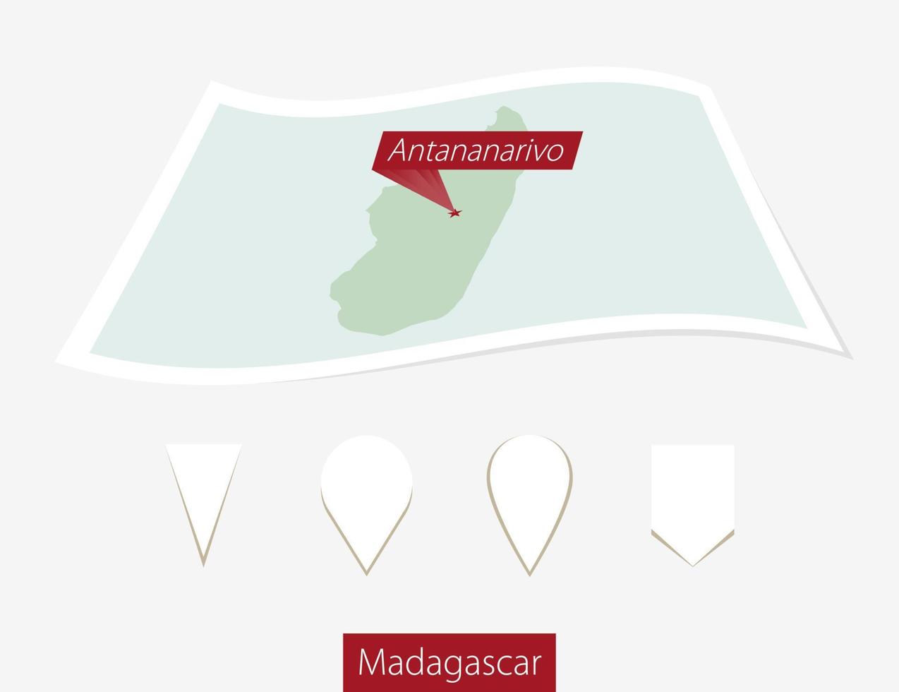 Curved paper map of Madagascar with capital Antananarivo on Gray Background. Four different Map pin set. vector