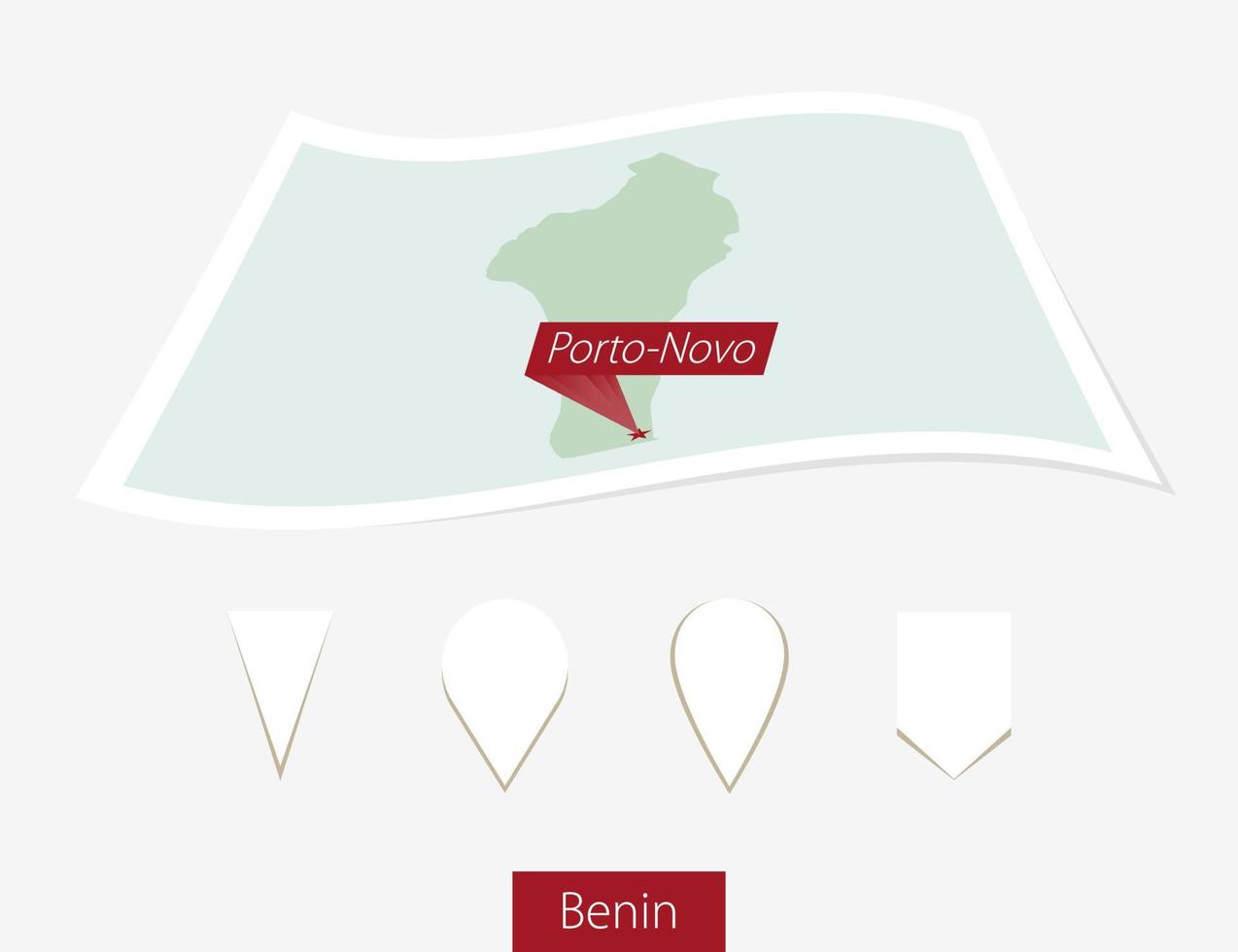 curvo papel mapa de benin con capital abuja en gris antecedentes. cuatro diferente mapa alfiler colocar. vector