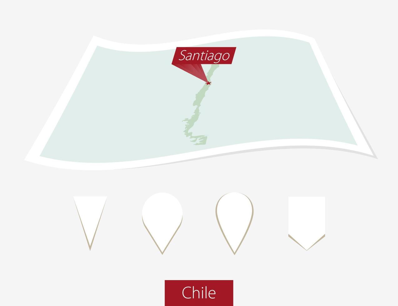 Curved paper map of Chile with capital Santiago on Gray Background. Four different Map pin set. vector