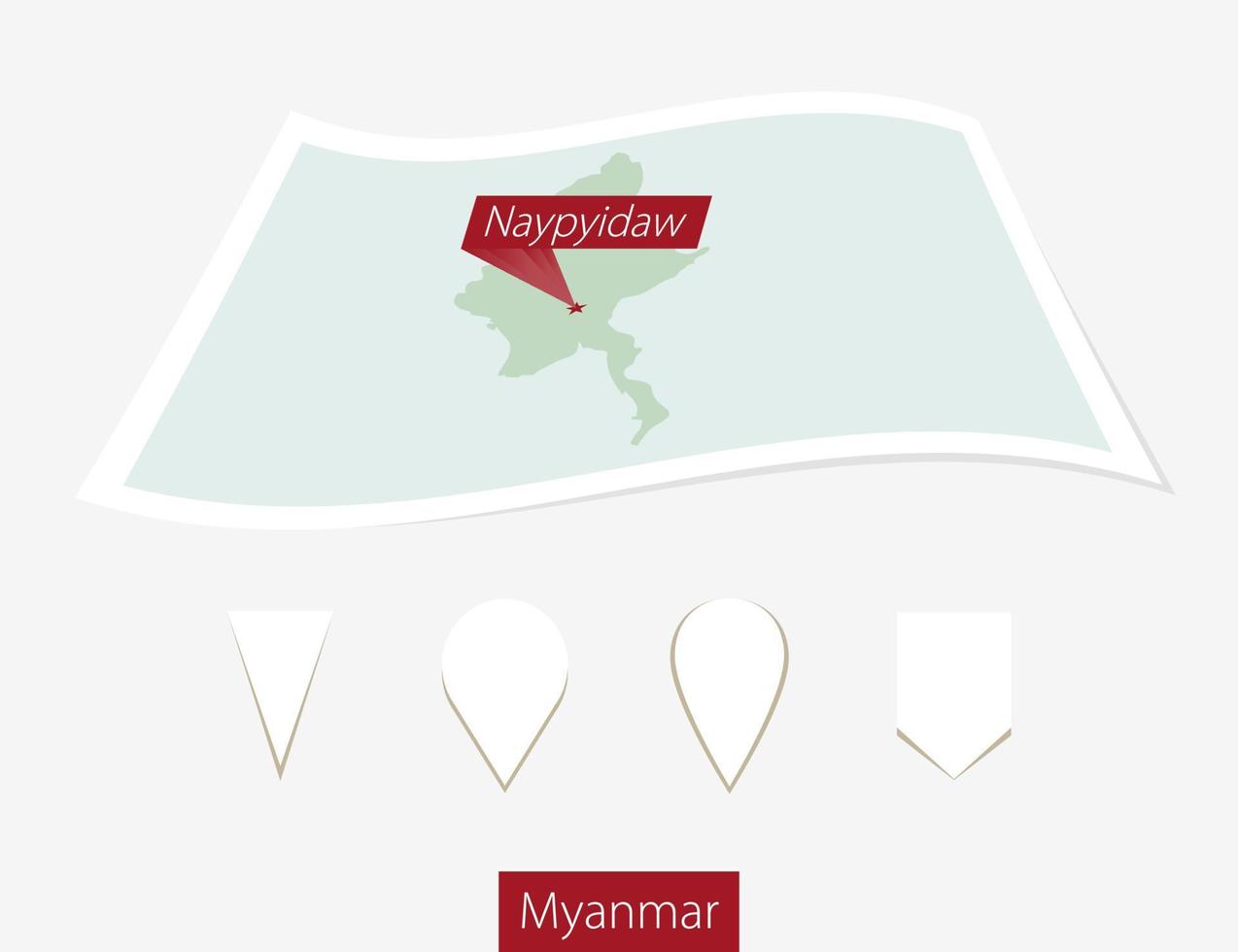 Curved paper map of Myanmar with capital Naypyidaw on Gray Background. Four different Map pin set. vector