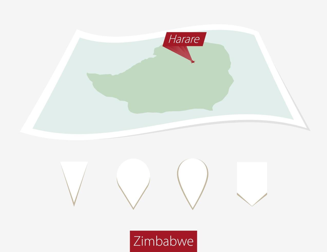 Curved paper map of Zimbabwe with capital Harare on Gray Background. Four different Map pin set. vector