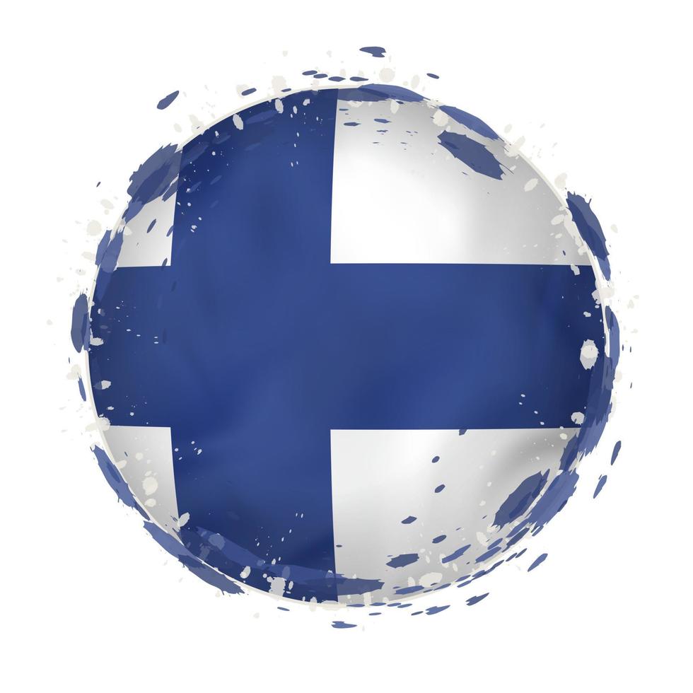 Round grunge flag of Finland with splashes in flag color. vector