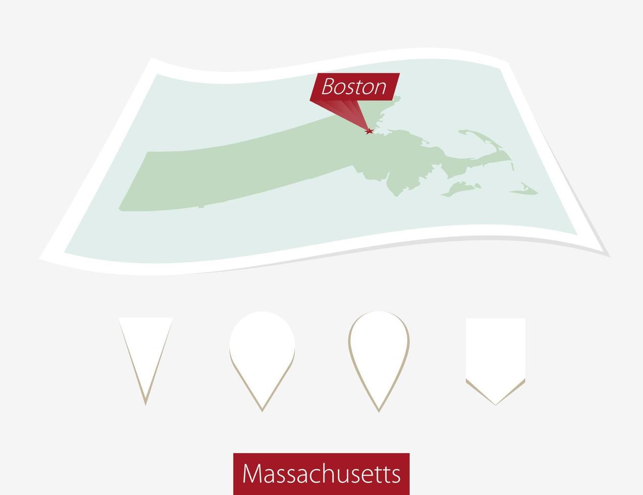 Curved paper map of Massachusetts state with capital Boston on Gray Background. Four different Map pin set. vector