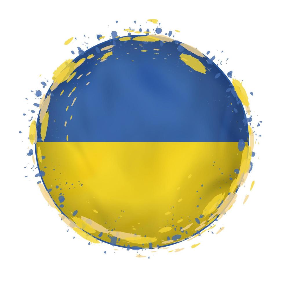 Round grunge flag of Ukraine with splashes in flag color. vector