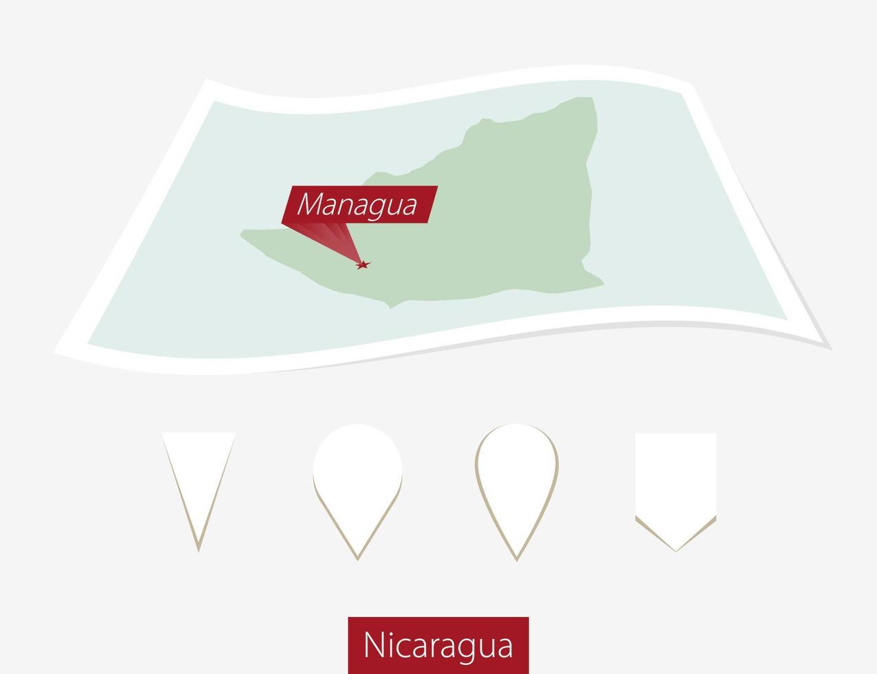 Curved paper map of Nicaragua with capital Managua on Gray Background. Four different Map pin set. vector
