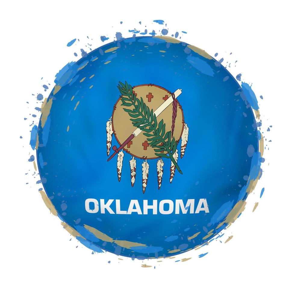 Round grunge flag of Oklahoma US state with splashes in flag color. vector