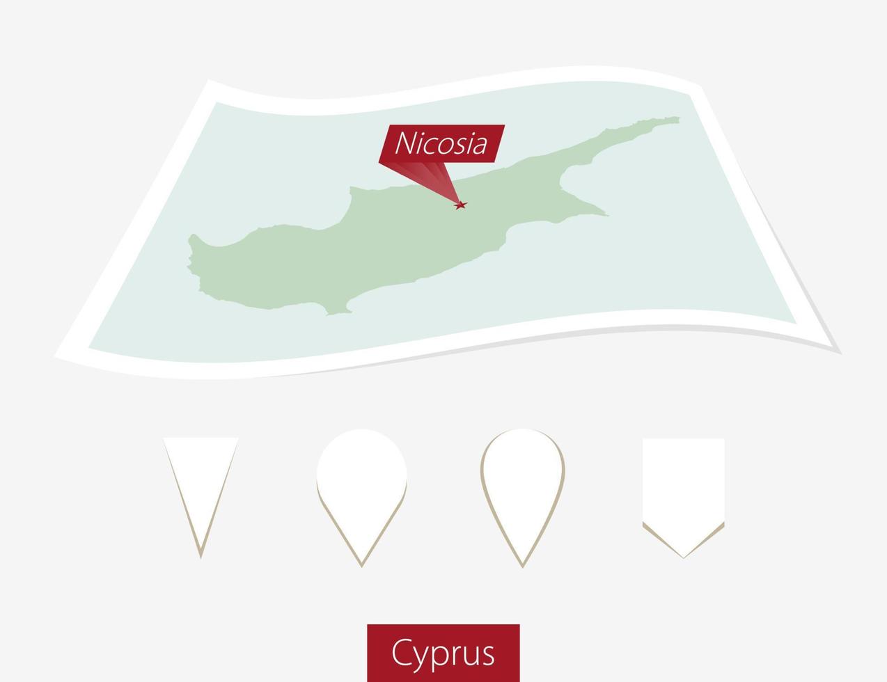 Curved paper map of Cyprus with capital Nicosia on Gray Background. Four different Map pin set. vector
