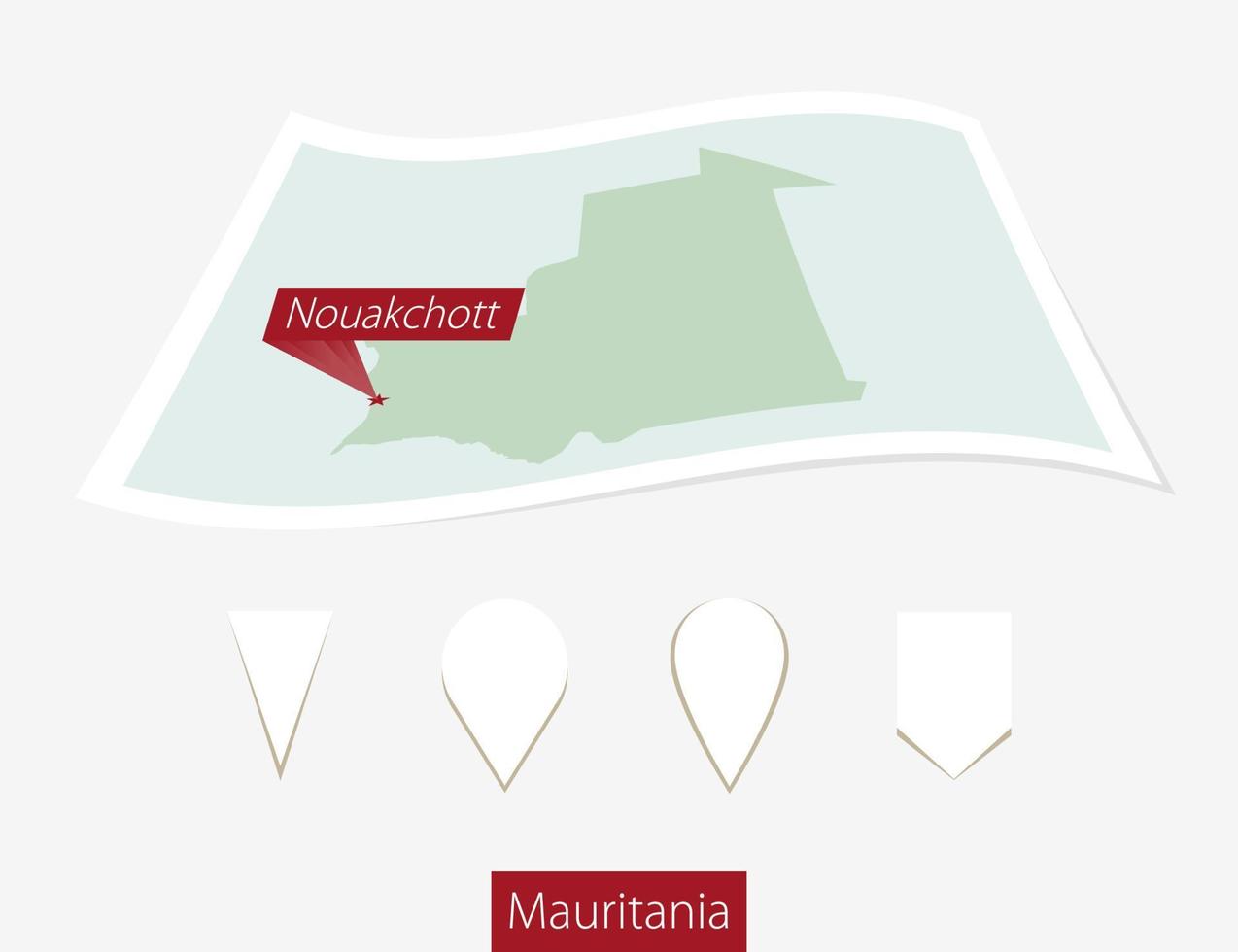 Curved paper map of Mauritania with capital Nouakchott on Gray Background. Four different Map pin set. vector