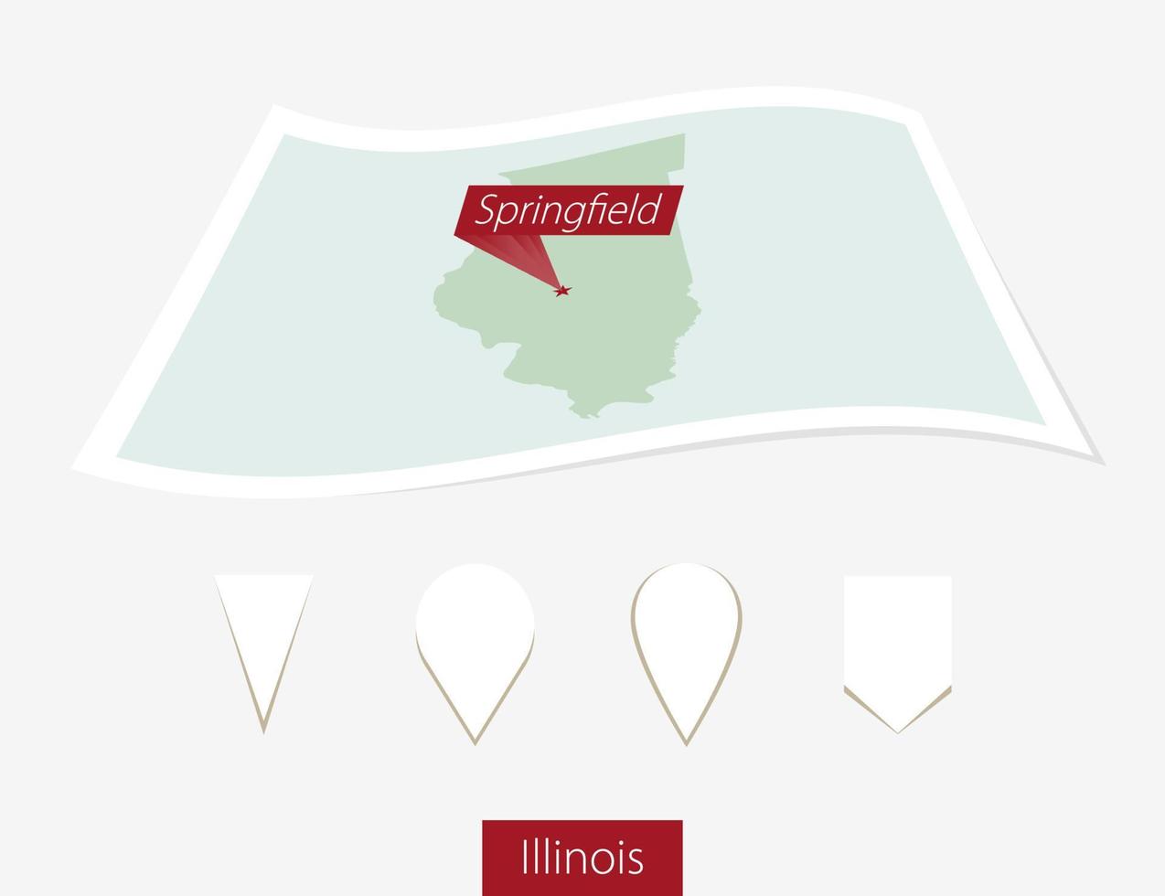 curvo papel mapa de Illinois estado con capital Springfield en gris antecedentes. cuatro diferente mapa alfiler colocar. vector