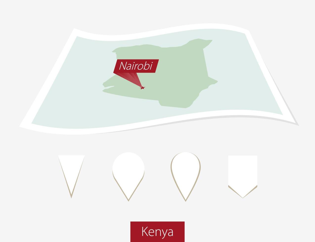 Curved paper map of Kenya with capital Nairobi on Gray Background. Four different Map pin set. vector