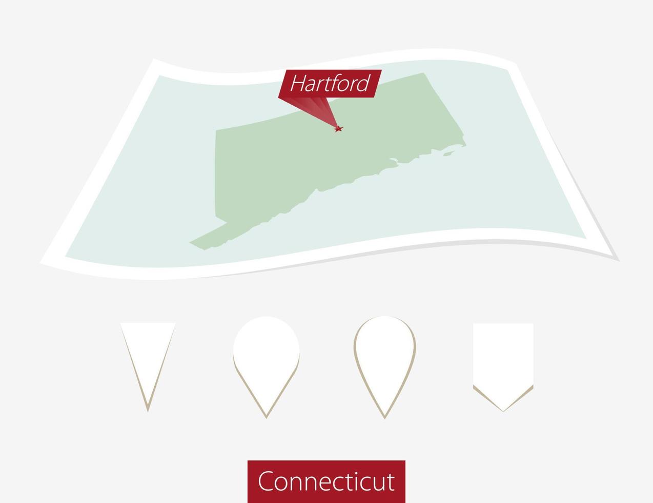 Curved paper map of Connecticut state with capital Hartford on Gray Background. Four different Map pin set. vector