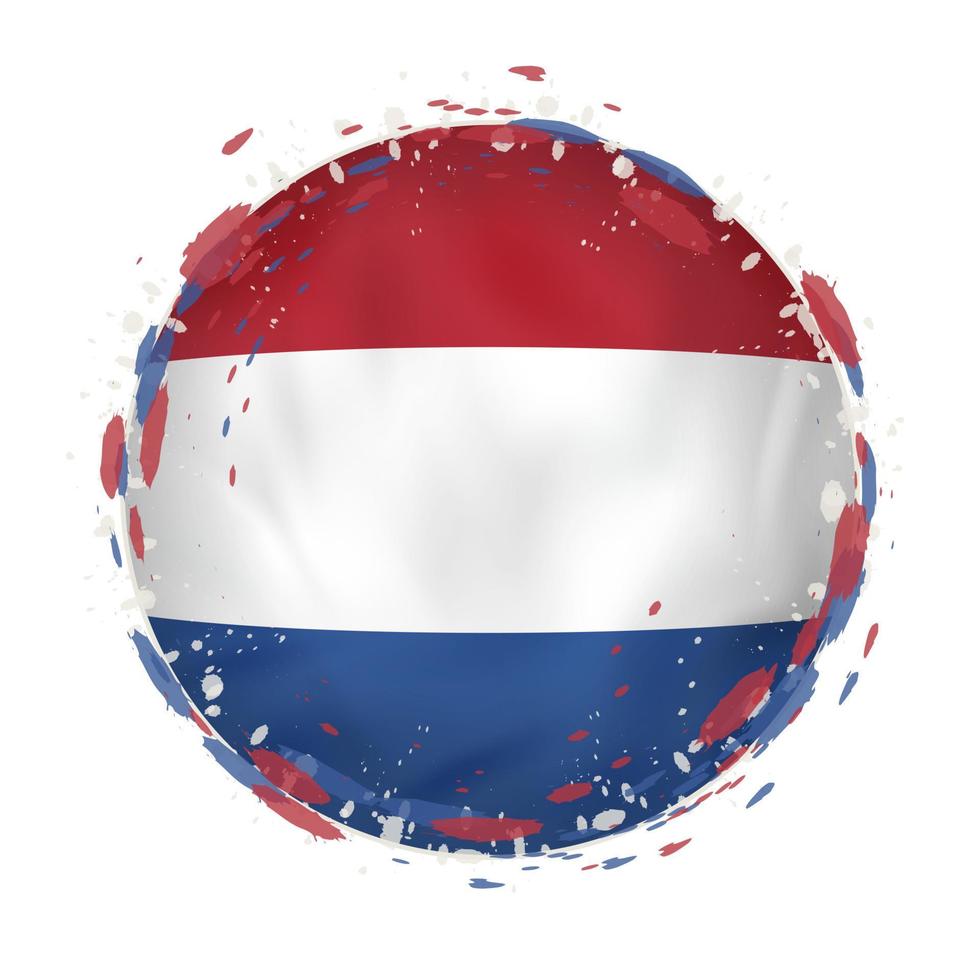 Round grunge flag of Netherlands with splashes in flag color. vector