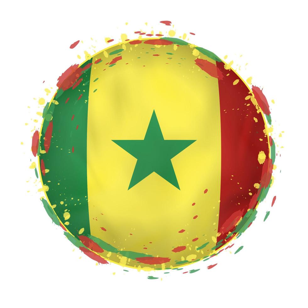 Round grunge flag of Senegal with splashes in flag color. vector