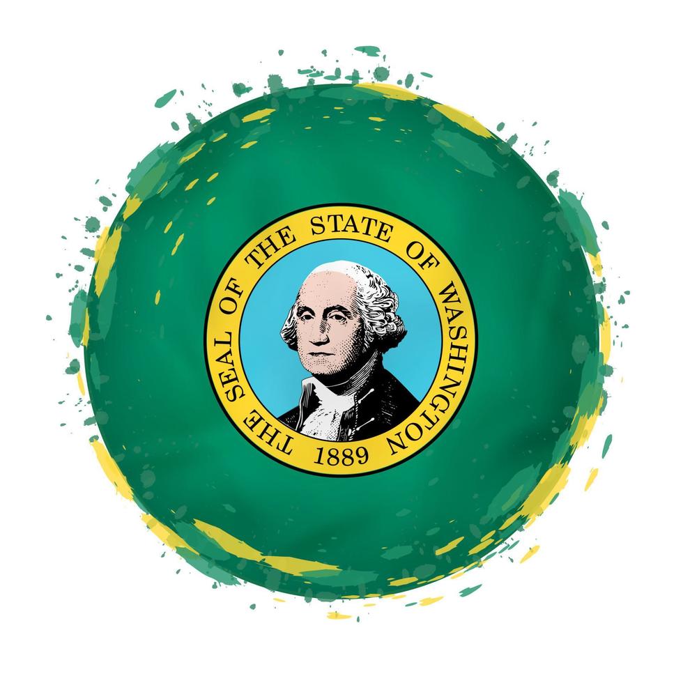 Round grunge flag of Washington US state with splashes in flag color. vector