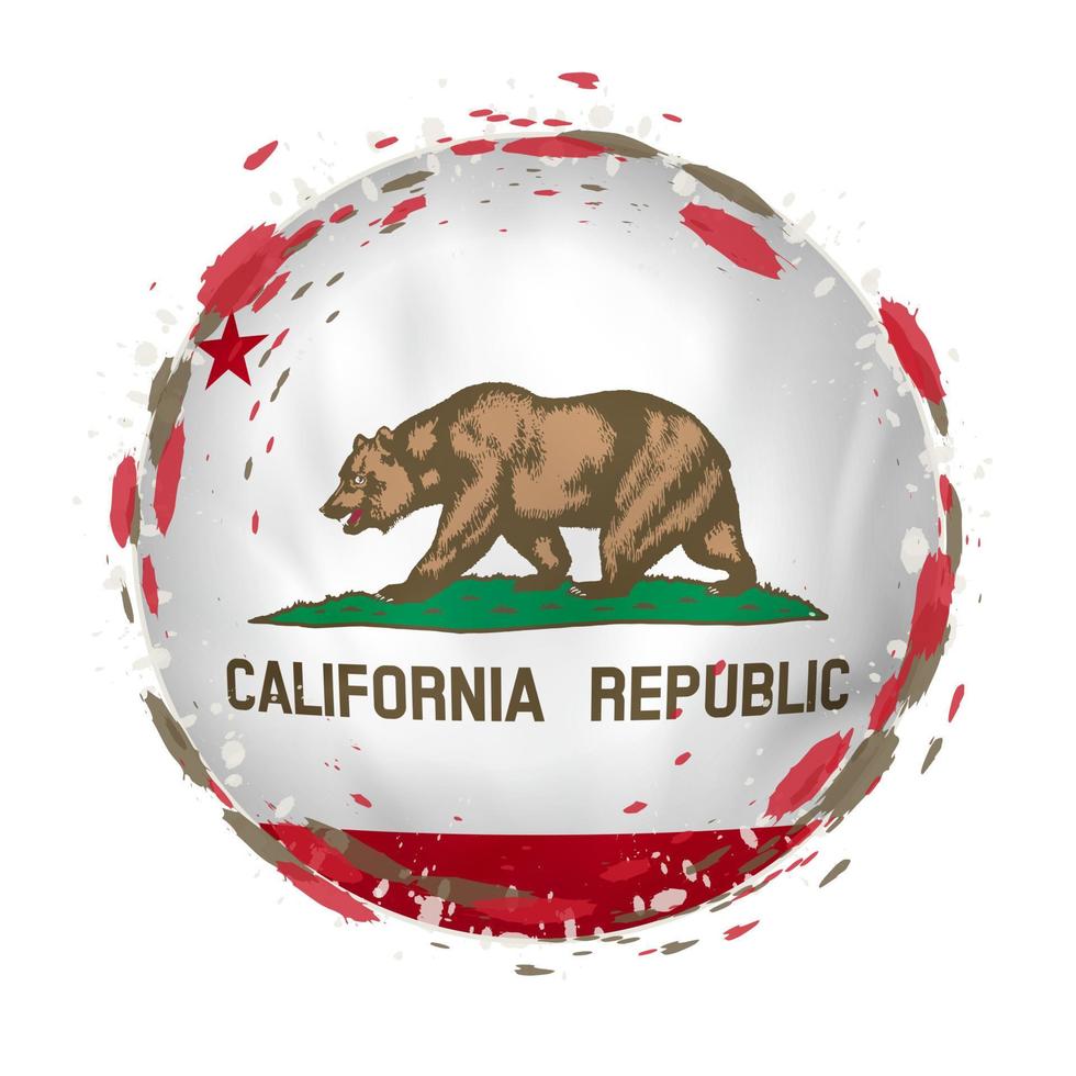 Round grunge flag of California US state with splashes in flag color. vector