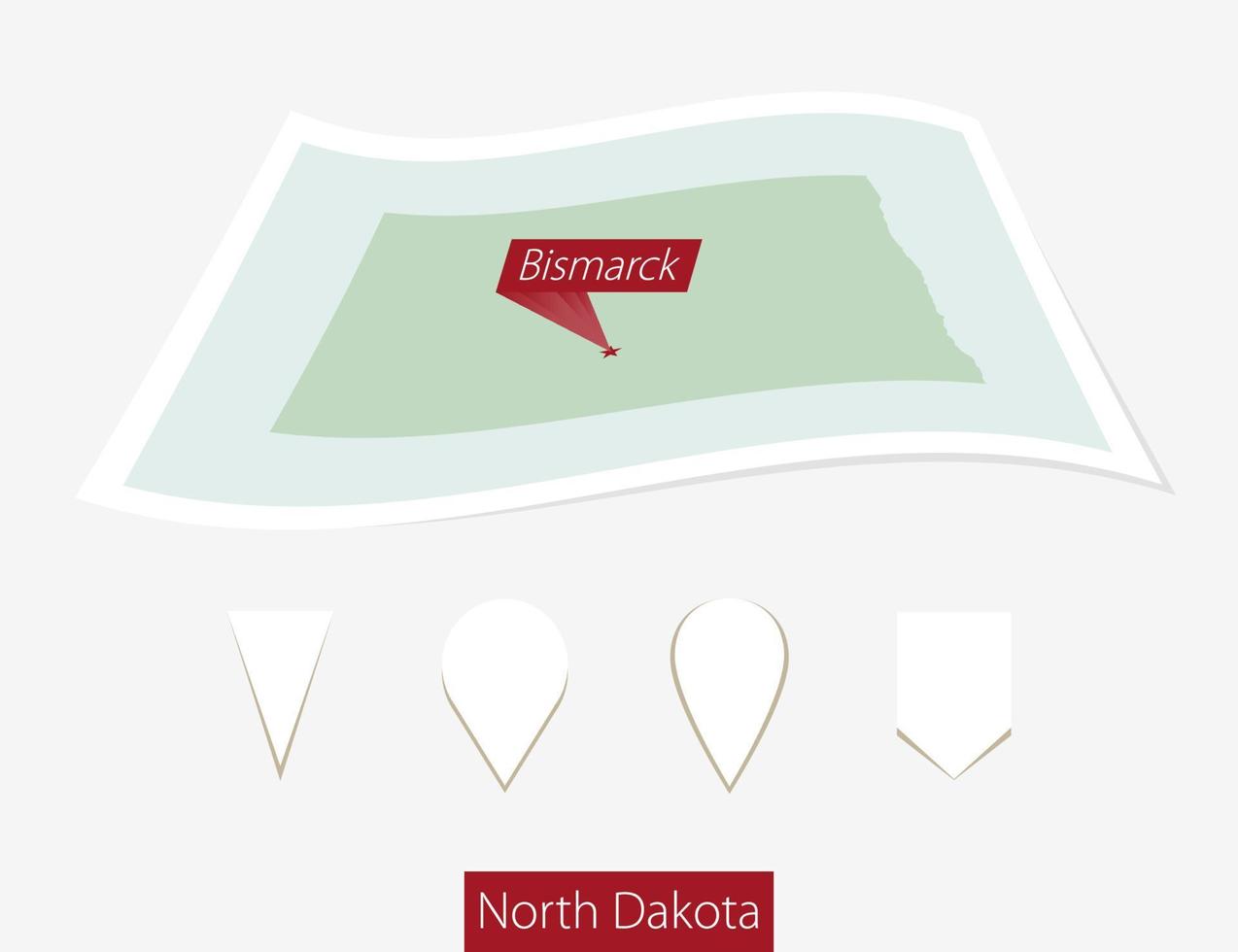 Curved paper map of North Dakota state with capital Bismarck on Gray Background. Four different Map pin set. vector
