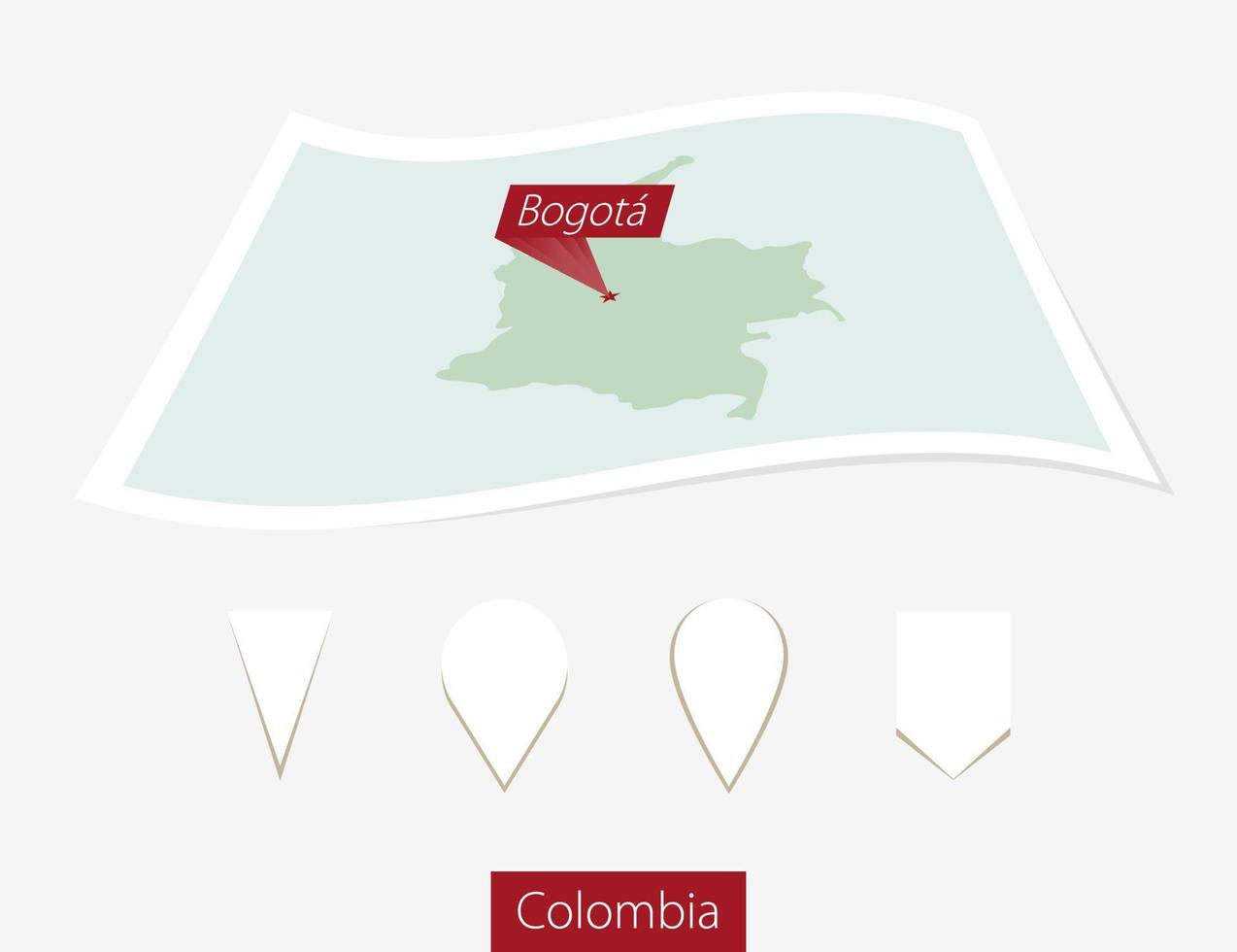 curvo papel mapa de Colombia con capital bogota en gris antecedentes. cuatro diferente mapa alfiler colocar. vector