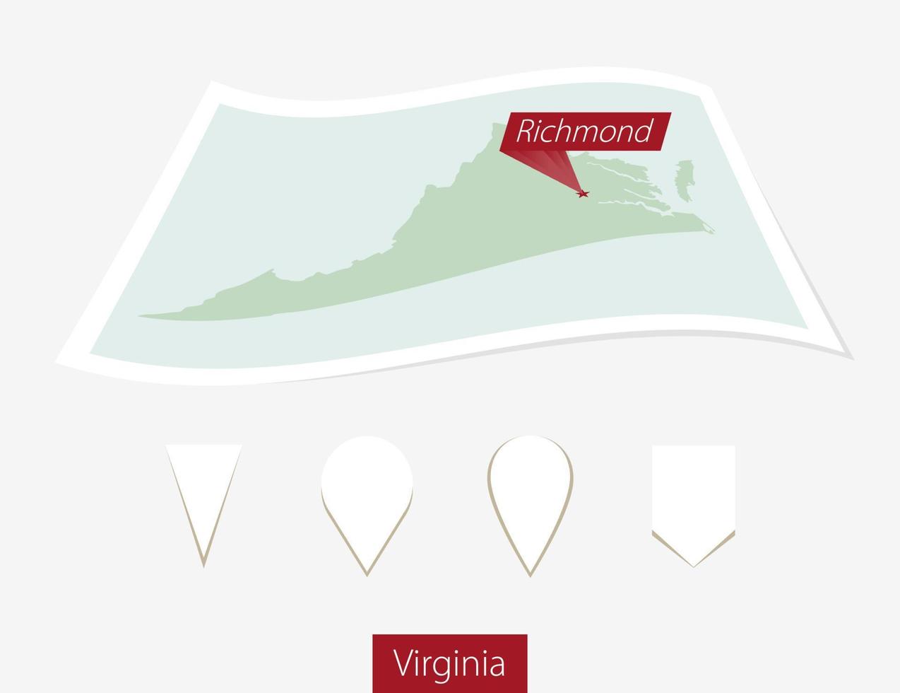 Curved paper map of Virginia state with capital Richmond on Gray Background. Four different Map pin set. vector