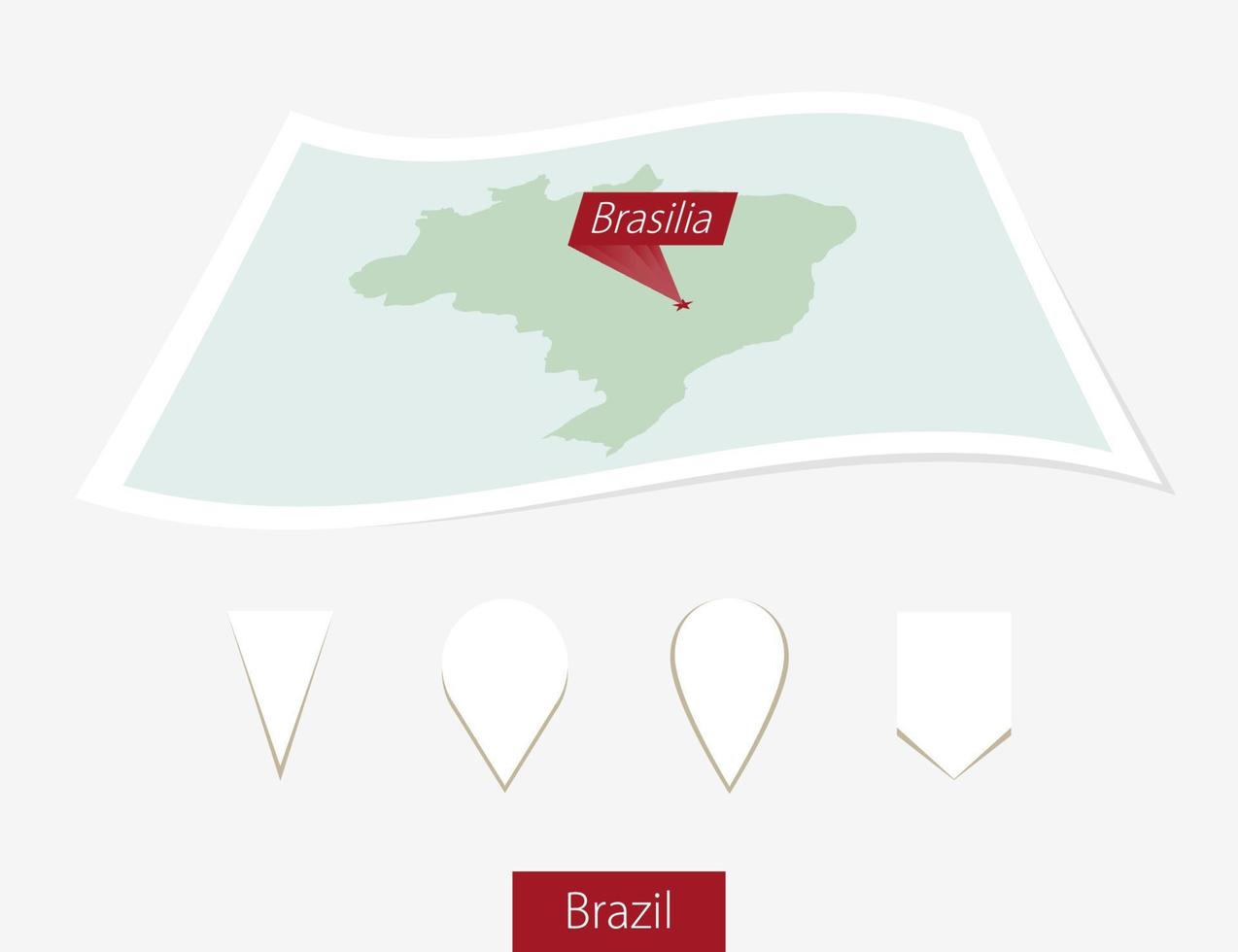 Curved paper map of Brazil with capital Brasilia on Gray Background. Four different Map pin set. vector