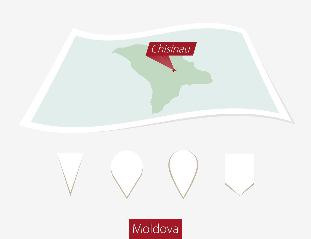 Curved paper map of Moldova with capital Chisinau on Gray Background. Four different Map pin set. vector