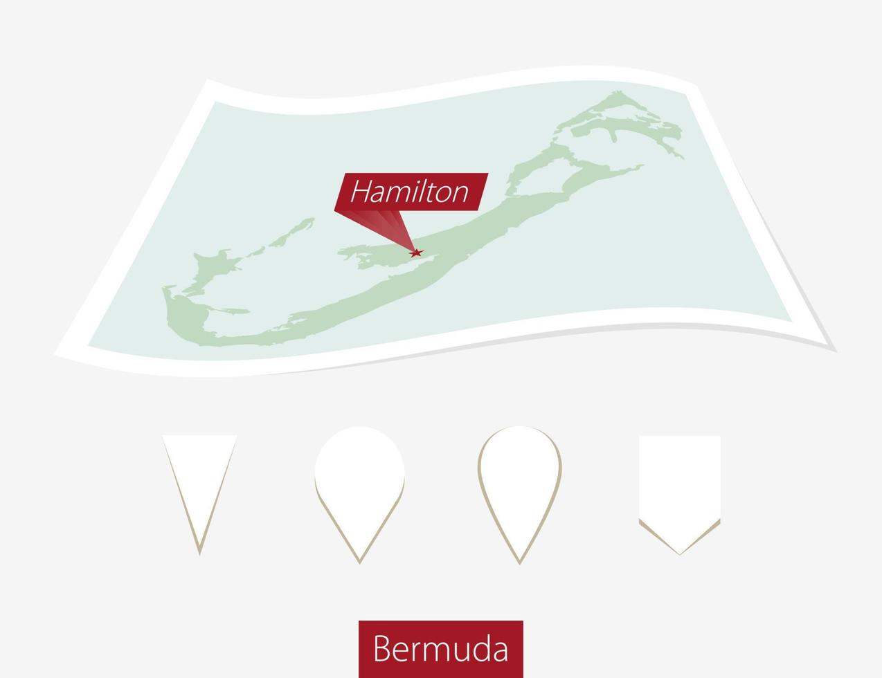 Curved paper map of Bermuda with capital Hamilton on Gray Background. Four different Map pin set. vector