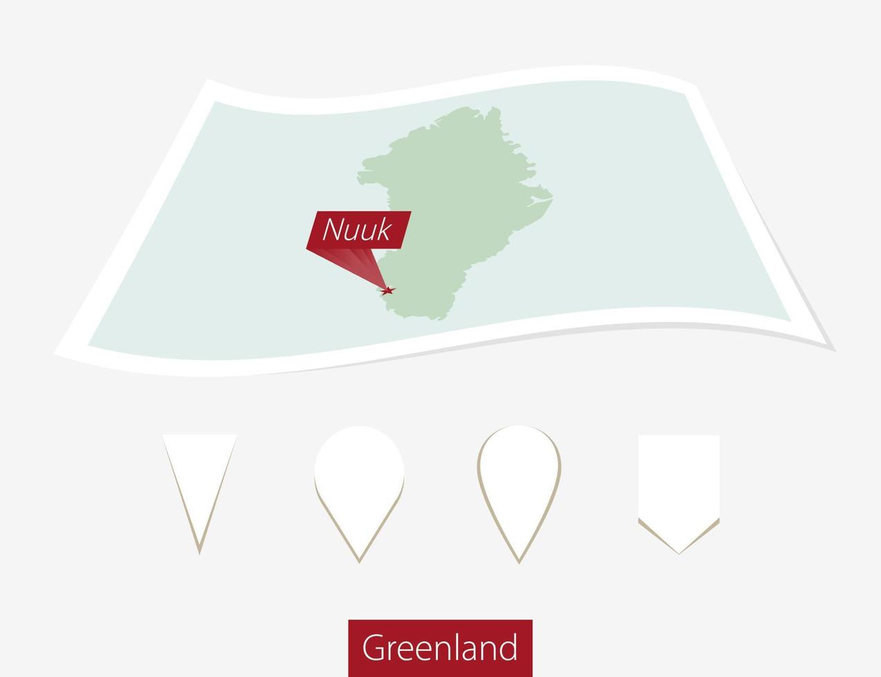 Curved paper map of Greenland with capital Nuuk on Gray Background. Four different Map pin set. vector