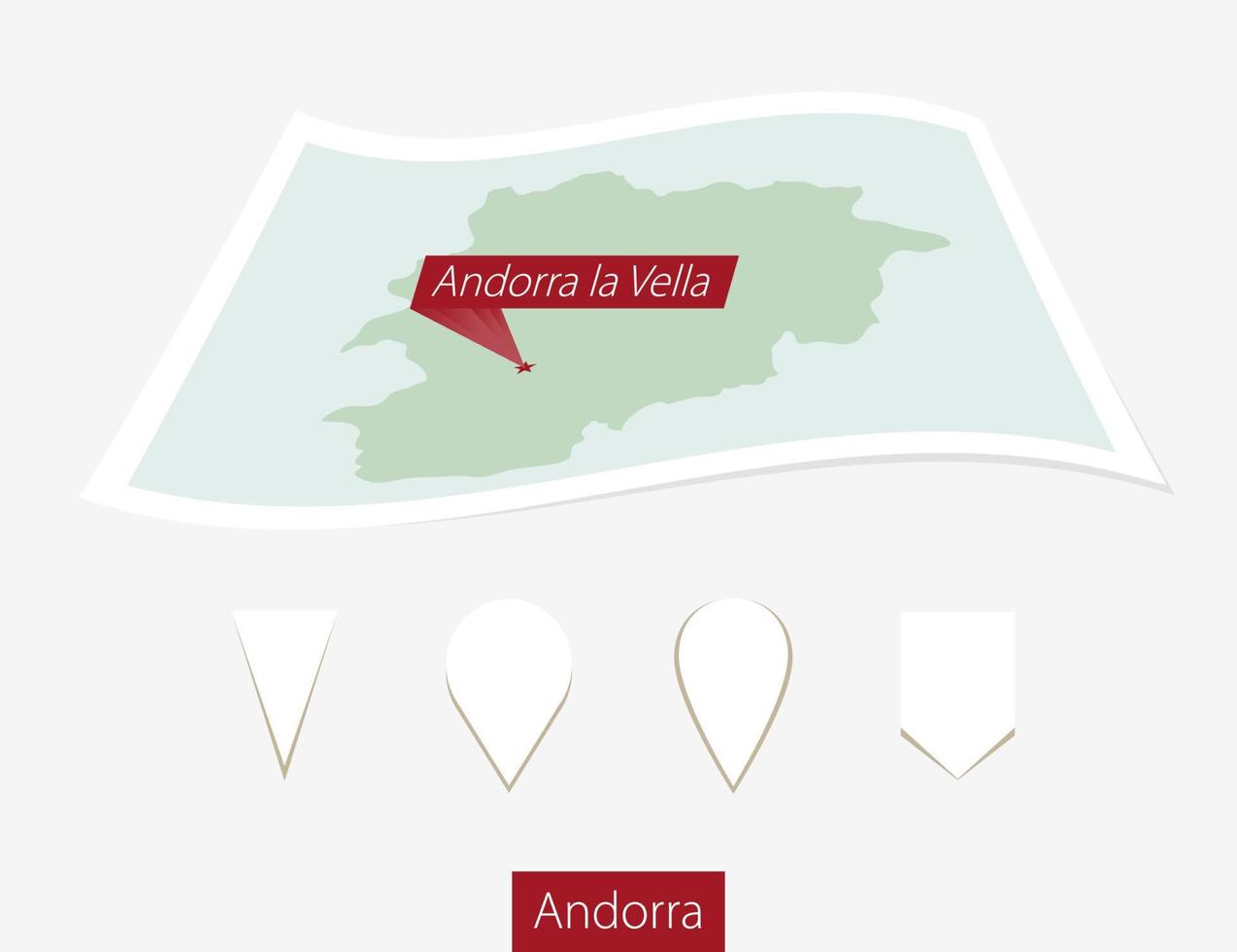 Curved paper map of Andorra with capital Andorra la Vella on Gray Background. Four different Map pin set. vector