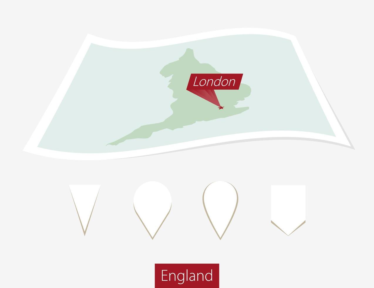 Curved paper map of England with capital London on Gray Background. Four different Map pin set. vector