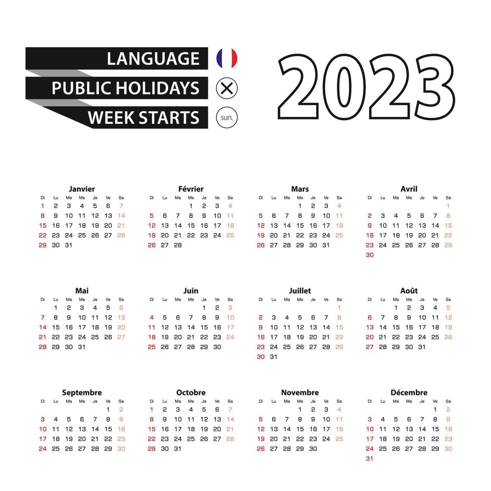 2023 calendar in French language, week starts from Sunday. vector