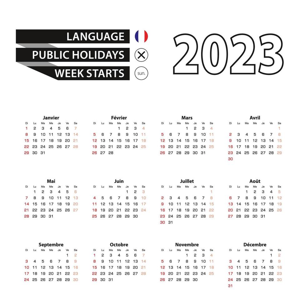 2023 calendario en francés idioma, semana empieza desde domingo. vector