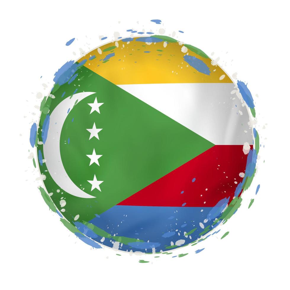 Round grunge flag of Comoros with splashes in flag color. vector
