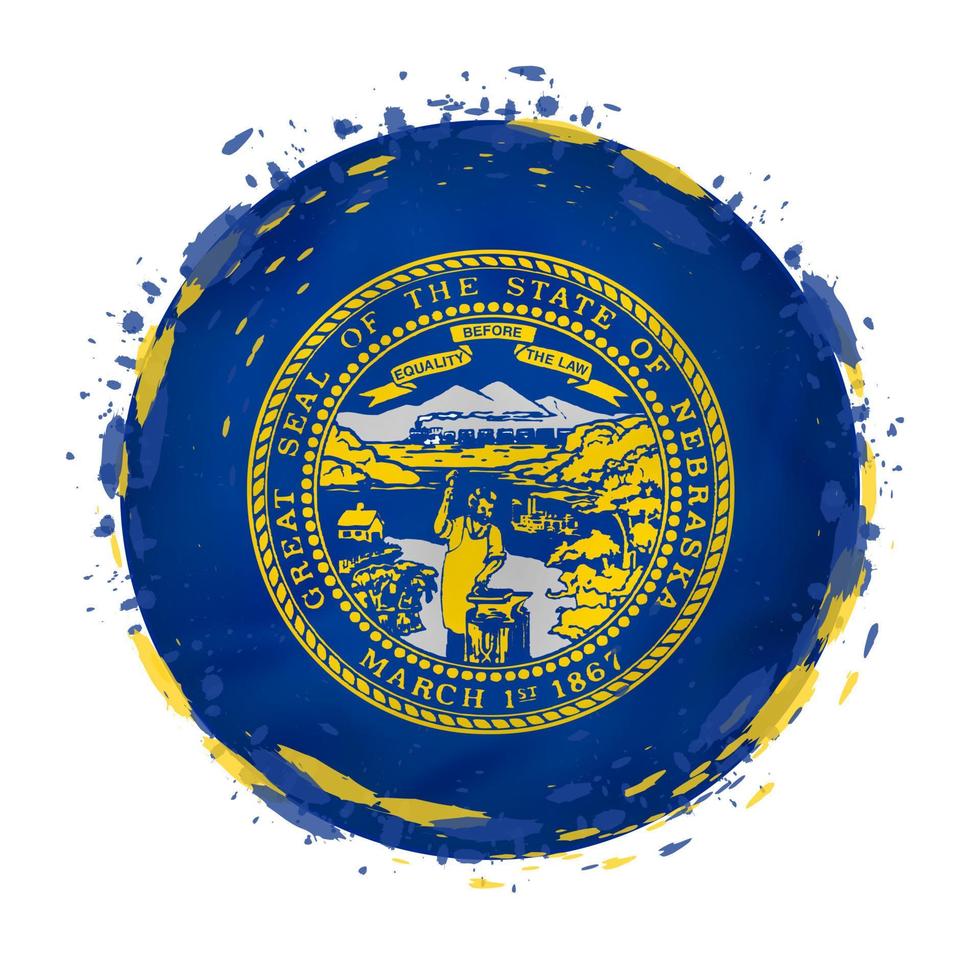 Round grunge flag of Nebraska US state with splashes in flag color. vector